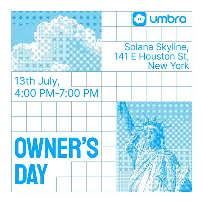 A promotional graphic for "UMBRA OWNER'S DAY" featuring a pixelated halftone design with the Statue of Liberty and clouds, announcing the event at Solana Skyline, 141 E Houston St, New York, on July 13th from 4:00 PM to 7:00 PM.