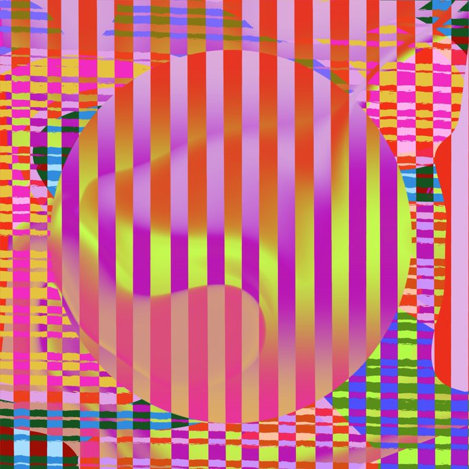 An abstract digital artwork featuring vibrant vertical stripes and grid patterns in red, pink, yellow, blue, and green.