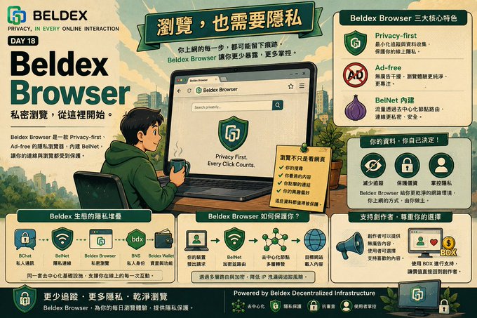 A promotional infographic for 'Beldex Browser' (DAY 18) advertising a privacy-first, ad-free web browser built on BelNet, with text in both English and Chinese highlighting features like 'Privacy-first' and 'Ad-free'.