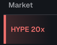 The image shows a "Market" section header with a highlighted entry for "HYPE 20x" in red, indicating a high-leverage or high-performing position. This connects to the warning about avoiding bearish bets (like Michael Burry's famous shorting strategy) against top-performing crypto assets, suggesting HYPE is one such strong coin where shorting would be risky.