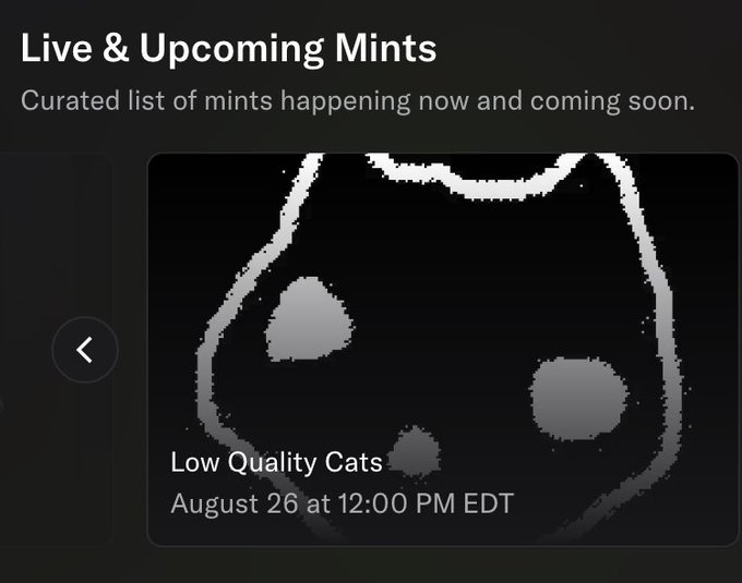 A dark-themed app interface titled 'Live & Upcoming Mints' with the subtitle 'Curated list of mints happening now and coming soon,' featuring a card for 'Low Quality Cats' scheduled for August 26 at 12:00 PM EDT with a low-resolution cat illustration.