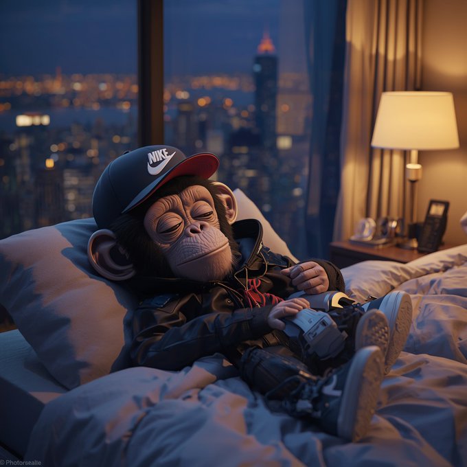 A young chimpanzee wearing a Nike cap lounges in bed, dressed in a Nike tracksuit and sneakers, with a city skyline visible through the window behind them. The "GN Mfer" post pairs with the chimp's relaxed, unbothered vibe—channeling that carefree "goodnight" energy with a stylish streetwear twist.