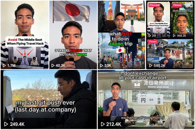 A collage of six video thumbnails featuring a young man discussing Japan travel hacks, topics including avoiding middle seats, travel hacks that work, what NOT to do in Japan, exchange tips, and his last day at company, with view counts ranging from 1.7M to 959.2K.
