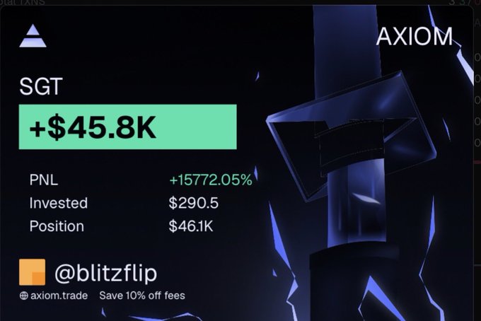 A dark-themed crypto trading dashboard for 'AXIOM' showing SGT at +$45.8K profit, with +15772.05% PNL, $290.5 invested, $46.1K position, branded @blitzflip with an axiom.trade referral link.