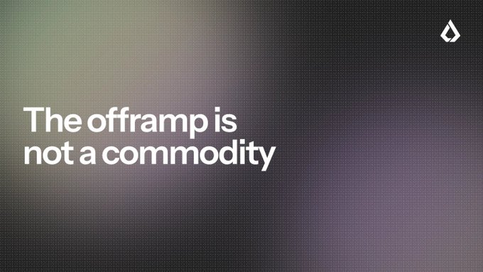 The image displays the text "The offramp is not a commodity" against a dark gradient background with a small flame icon in the top right corner, serving as a title card that introduces the argument that offramp services function more like banking relationships than commoditized SaaS products.