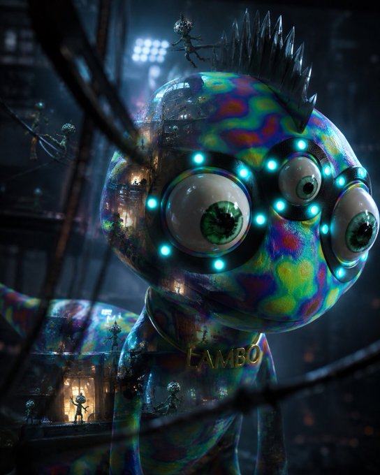 A surreal digital artwork of a colorful, iridescent three-eyed creature named 'LAMBO' with small figures climbing on its spiky head, set against a dark dystopian background.