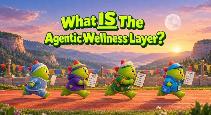 The image shows four colorful dinosaur-like characters racing on a track with a "What IS The Agentic Wellness Layer?" banner above them, visually representing the competitive race of AI wellness products. The mascot design and whimsical aesthetic align with the Sleepagotchi branding mentioned in the post, while the "Agentic Wellness Layer" headline teases Gotchi Labs' broader vision beyond just sleep tracking—reinforcing the post's message that sleep is just the starting point for a larger wellness ecosystem.