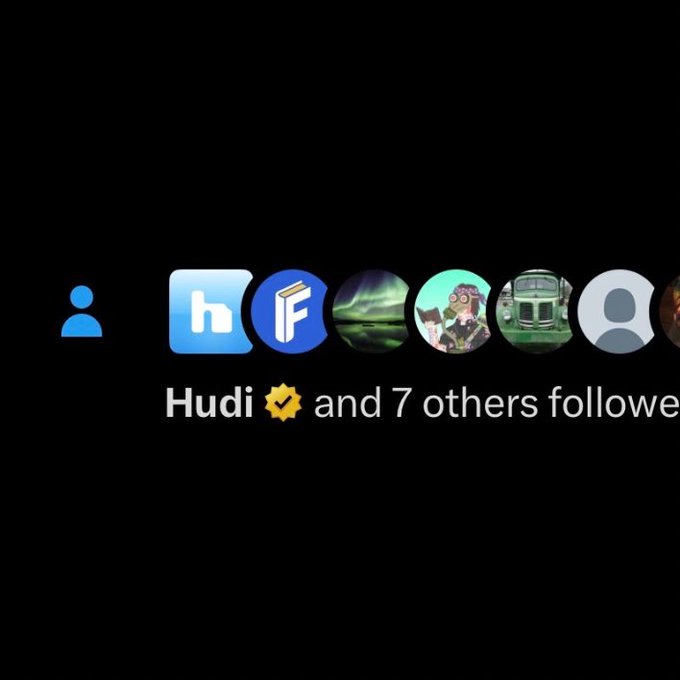 A screenshot displays a row of social media profile icons with the text "Hudi ✓ and 7 others follow," showing that 8 total users are now following the referenced account, thanking @tradeonhudi for the milestone.