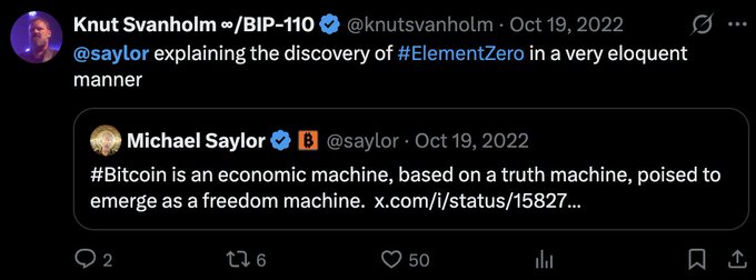 A screenshot of a Twitter/X post by Knut Svanholm (@knutsvanholm) quoting Michael Saylor (@saylor) about #Bitcoin being "an economic machine, based on a truth machine, poised to emerge as a freedom machine," dated October 19, 2022.