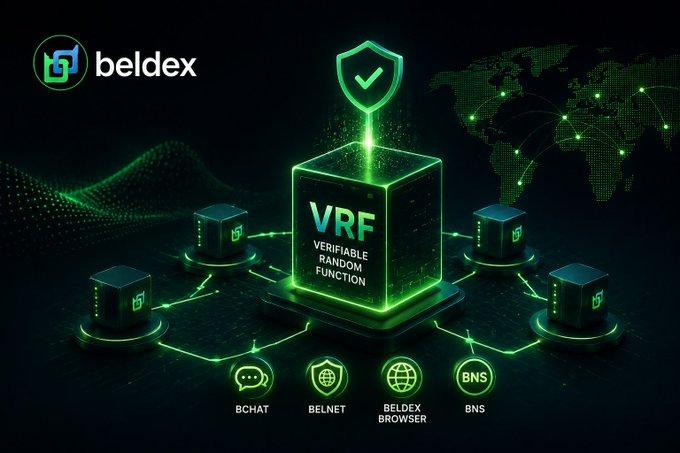 A promotional graphic for 'beldex' cryptocurrency, illustrating its 'VRF Verifiable Random Function' technology connected to various nodes and ecosystem products like BCHAT, BELNET, BELDEX BROWSER, and BNS.