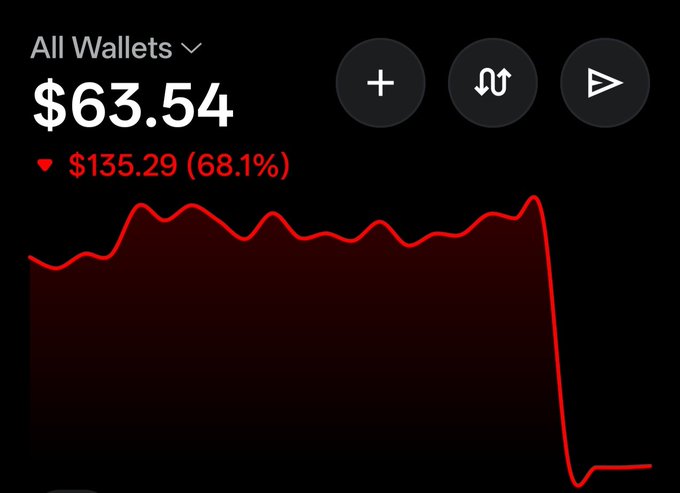 A wallet app screenshot showing a balance of $63.54 with a red line graph depicting a sharp decline, marked with a loss of $135.29 (68.1%).