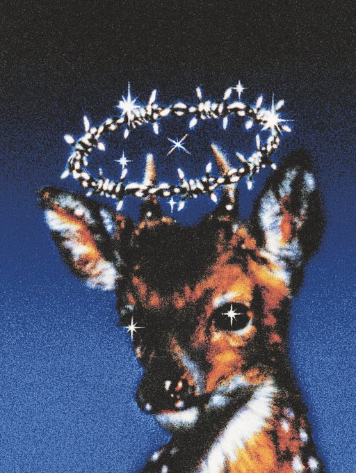 An artistic image of a fawn with large dark eyes, surrounded by a glowing halo of stars against a deep blue background, with additional stars decorating its face.