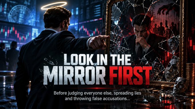 A motivational graphic featuring a man in a suit pointing at a cracked mirror reflection of himself with a halo above his head, displaying the text "LOOK IN THE MIRROR FIRST" and "Before judging everyone else, spreading lies and throwing false accusations..."