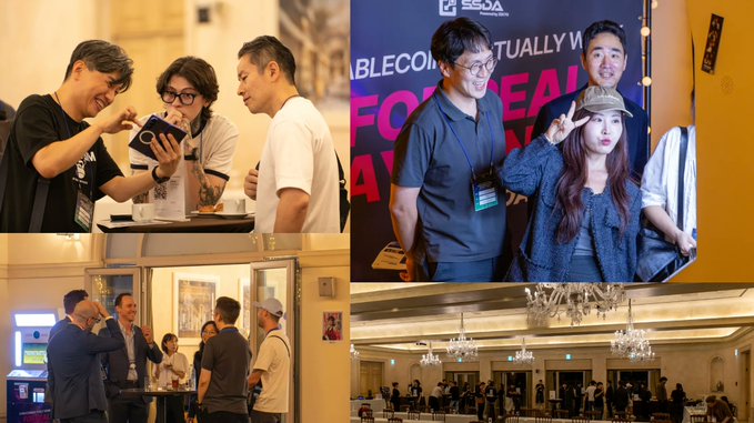 A collage of four photos showing people at what appears to be a networking or industry event, with attendees interacting, posing for photos, and networking in a banquet hall setting.