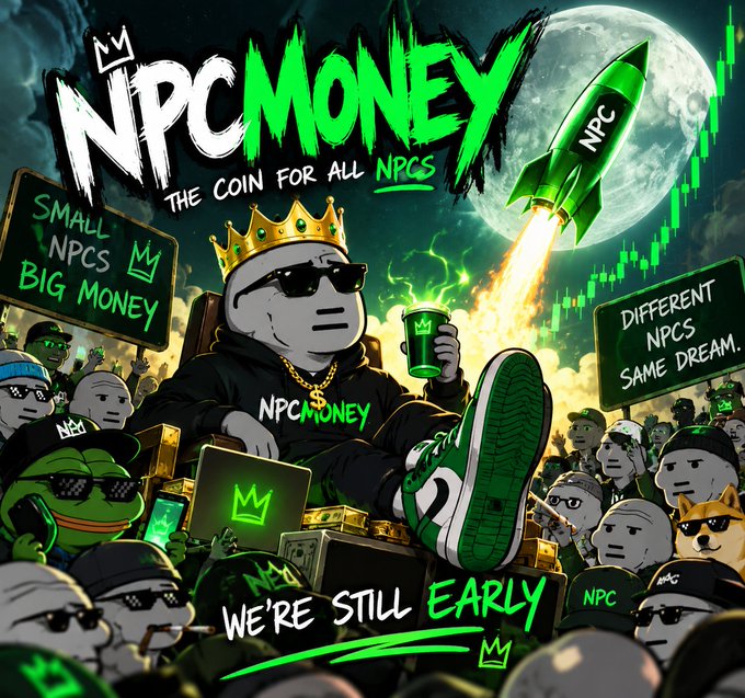 An illustrated crypto promotional image titled 'NPC MONEY' featuring a crowned character with sunglasses and a gold chain, surrounded by NPCs with signs reading 'SMALL NPCS BIG MONEY' and 'DIFFERENT NPCS SAME DREAM,' captioned 'WE'RE STILL EARLY.'