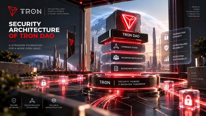 Promotional graphic titled 'SECURITY ARCHITECTURE OF TRON DAO' displaying features like Transaction Integrity, Decentralized Reliability, and Ecosystem Sustainability.