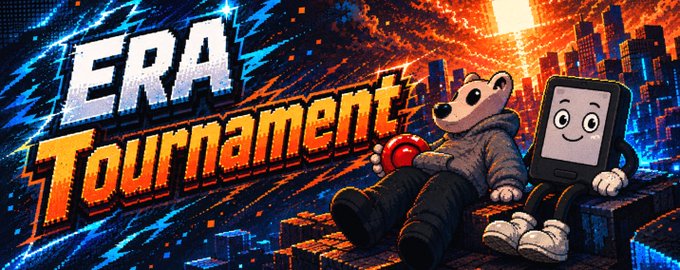 A vibrant pixel-art style banner reads "ERA Tournament" in bold orange and blue lettering, featuring a raccoon character and an anthropomorphized ERA hardware wallet with a smiling face sitting on a rooftop. The image ties directly to the post by promoting the Disc Trickster Tournament collaboration with ERA Wallet, highlighting the three exclusive DOGS-branded devices as prizes.