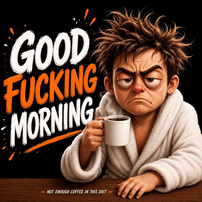 A grumpy-looking man in a bathrobe holding a coffee mug with text 'GOOD FUCKING MORNING' and a caption reading 'NOT ENOUGH COFFEE IN THIS SHIT'.