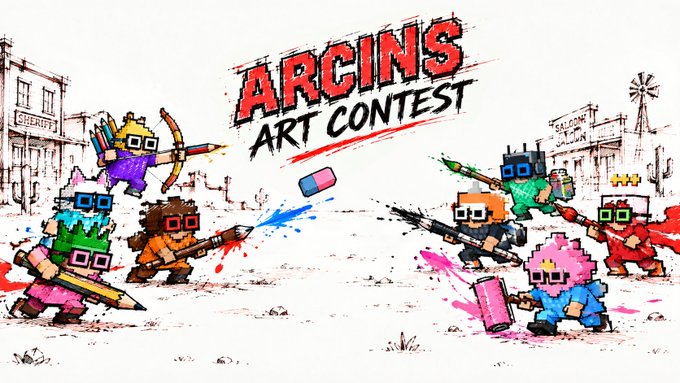 A promotional graphic for the 'ARCINS ART CONTEST' featuring colorful cartoon characters wearing sunglasses and wielding art supplies like pencils, paintbrushes, and spray cans as weapons against a sketched Western background.