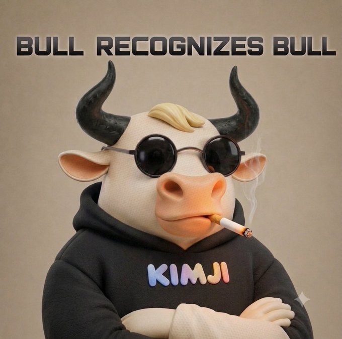 A stylized cartoon bull with round sunglasses and a cigarette wears a black hoodie reading "KIMJI" beneath the bold headline "BULL RECOGNIZES BULL," symbolizing the bullish crypto sentiment toward $ANSEM celebrated in the accompanying post.