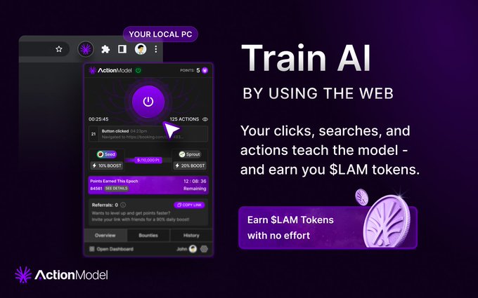A promotional graphic for "ActionModel" titled "Train AI BY USING THE WEB" advertises earning $LAM tokens, showing a dashboard interface labeled "YOUR LOCAL PC" with a cursor pointing to "125 ACTIONS."