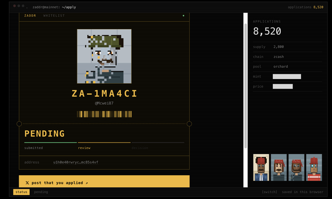 A Zador Whitelist webpage shows a pending application status for user 'zaidir' with a pixel art character, displaying application details including a supply of 2,000, zcash chain, and orchard pool.