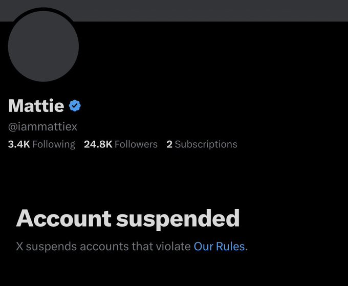 A screenshot of a suspended X/Twitter profile for "Mattie" (@iammattiex), a verified account with 24.8K followers and 3.4K following, displaying an "Account suspended" notice. The image serves as visual evidence for the post's claim that Mattie's NFT-focused account was unexpectedly banned without apparent rule violations.