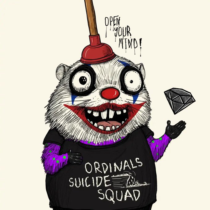 An illustration of a creepy furry character wearing a 'ORDINALS SUICIDE SQUAD' t-shirt, holding a diamond/Ethereum-like object, with the text 'OPEN YOUR MIND!' above its head.