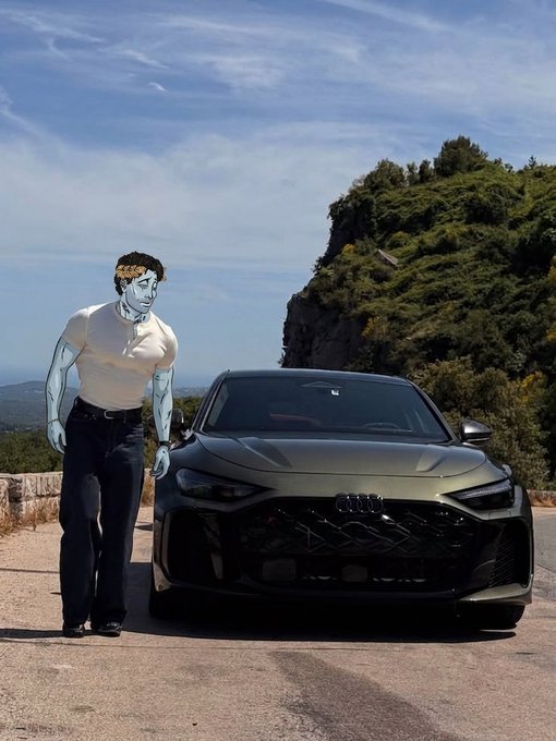 A blue-skinned, muscular figure wearing a tight beige t-shirt and black pants stands beside a matte dark green Audi RS6 Avant on a mountain road.