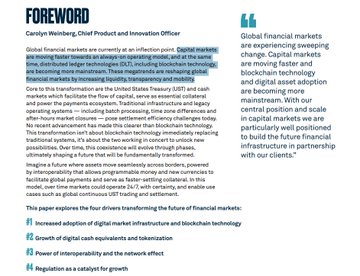 An article from Forbes featuring Carolyn Weinberg, Chief Product and Innovation Officer, discussing how global financial markets are experiencing change due to COVID-19, with numbered points about increased digital asset adoption and growth of digital cash equivalents.