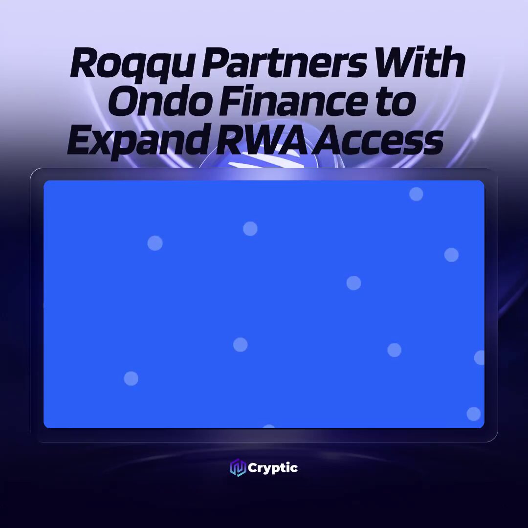 The image features a blue square with white text that reads "ROGY partners with ONDO Finance to expand RWA access". The background of the image is black, which makes the blue square stand out prominently. The text on the image is in all capital letters and is placed directly below the square.