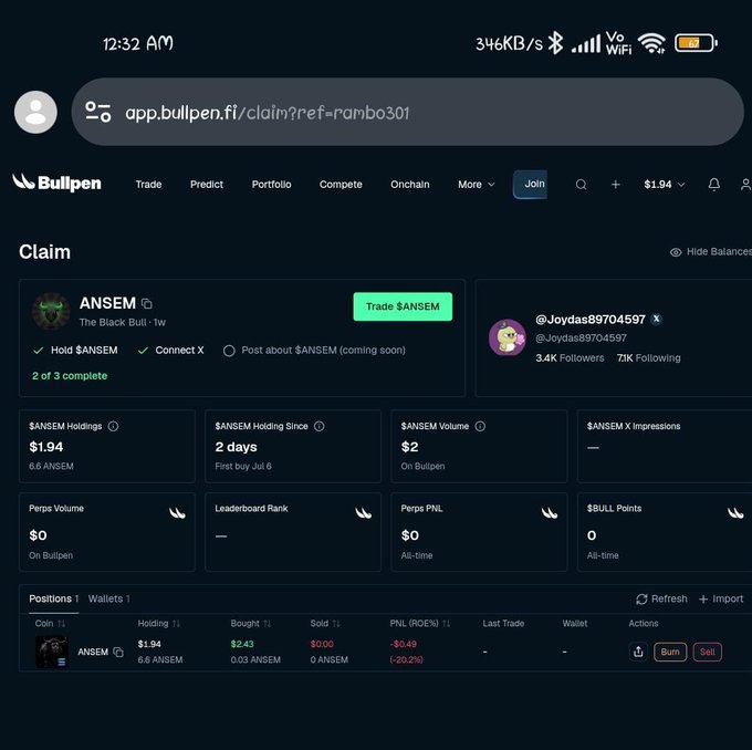 Mobile screenshot of the Bullpen trading app showing a 'Claim' page for the $ANSEM token ('The Black Bull') with holdings of $1.94, 6.6 $ANSEM, a 20.2% ROEN, and options to Burn or Sell, accessed via app.bullpen.fi.