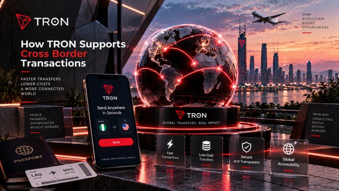 A promotional graphic for TRON cryptocurrency features a glowing globe with red connection lines, a smartphone app, and text reading 'How TRON Supports Cross Border Transactions'.
