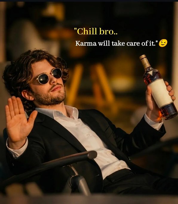 An AI-generated meme featuring a stylish man in a suit and round sunglasses holding a liquor bottle, with overlaid text reading 'Chill bro.. Karma will take care of it.' and a smirking emoji.