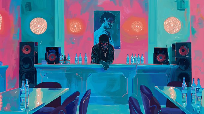 A vibrant digital artwork depicting a DJ at a turntable setup in a club environment with neon pink and teal lighting, large speakers, and bottles lining the bar.