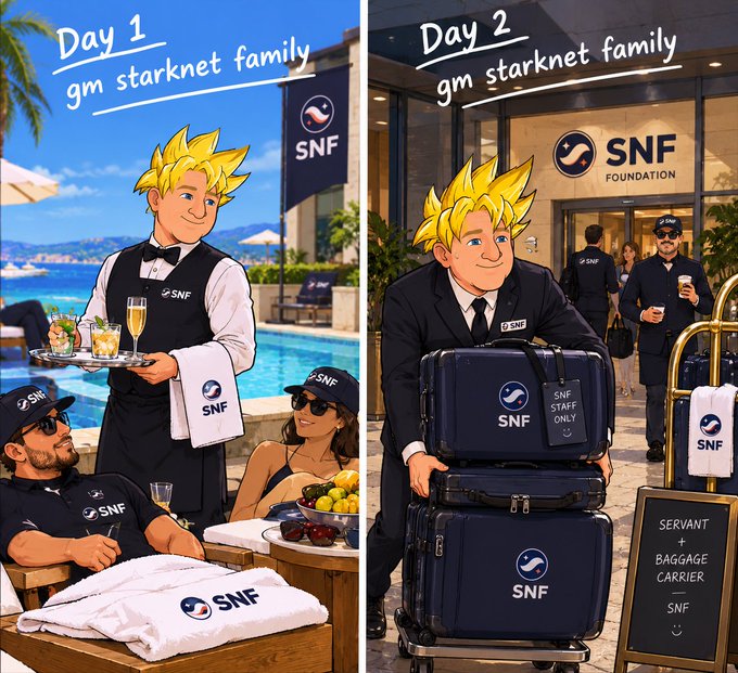 A two-panel SNF Foundation graphic contrasts “Day 1 gm starknet family,” showing a smiling waiter serving guests by a pool, with “Day 2 gm starknet family,” showing the waiter carrying branded luggage near a hotel entrance.