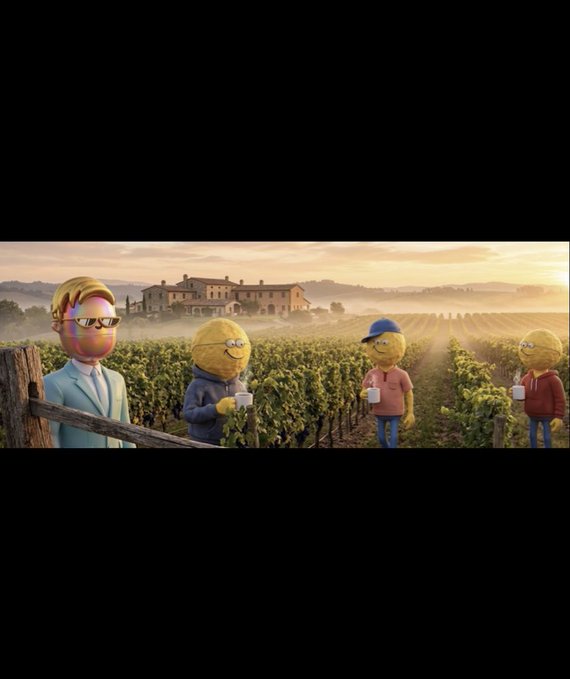 Four anthropomorphic citrus characters stand in a vineyard at sunset, with three of them wearing sunglasses and holding coffee cups.