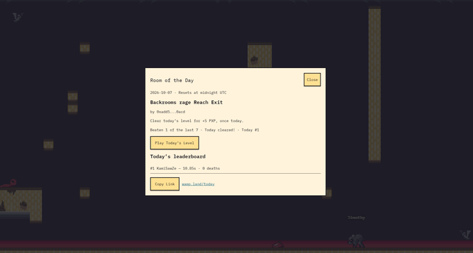 Screenshot of a video game 'Room of the Day' called 'Backrooms rage Reach Exit' by 0xed1-.daxd, displaying a leaderboard ranking player 'Kamille2' in 57th place.
