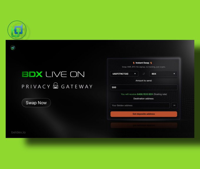 A promotional graphic on a bright green background showing 'BDX LIVE ON PRIVACY GATEWAY' with a 'Swap Now' button and a dark interface for an 'Instant Swap' between USDC and BDX.