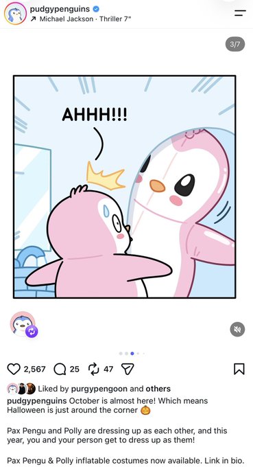 An Instagram post from @pudgypenguins (2,567 likes) features a comic panel showing two penguin characters screaming at each other in front of a mirror, with the caption announcing "October is almost here! Which means Halloween is just around the corner" and promoting Pax Pengu and Polly inflatable Halloween costumes. The playful, character-focused post supports the accompanying commentary about Pudgy Penguins pushing their co-character Polly to mainstream audiences and selling Halloween costumes featuring her.