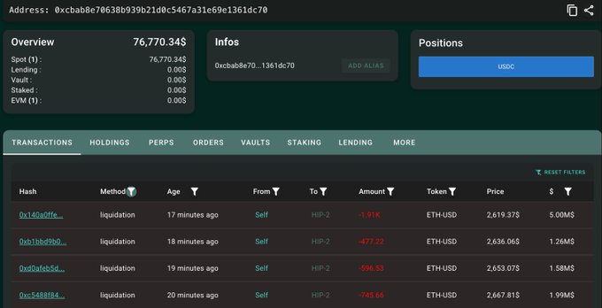 The image shows a wallet tracker dashboard for address 0xcbab8e70638b939b21d0c5467a31e69c1361dc70 displaying a series of four liquidation transactions, each resulting in losses ranging from -$477.22 to -$1.01K on ETH-USD long positions within minutes of each other, supporting the post's claim of a "total wipeout" on a 3,728 ETH long position as ETH fell below $2,660.