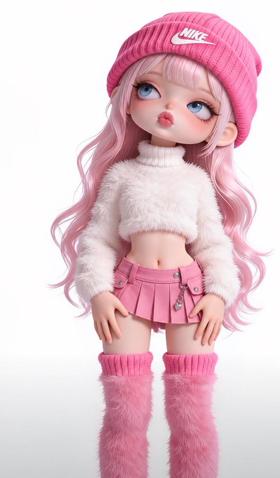 A digital illustration of a stylized doll-like figure with pink hair, a pink Nike beanie, a fuzzy white crop top, a pink pleated skirt, and fuzzy pink knee-high socks, playfully posing with puckered lips to match the cheerful "gm frens, touch some grass today!" vibe.