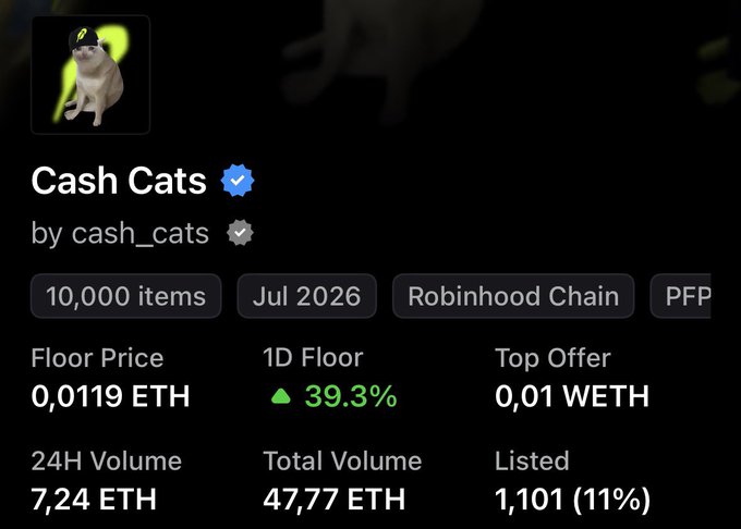 Screenshot of the Cash Cats NFT collection page on Robinhood Chain showing a floor price of 0.0119 ETH with 1,101 listed (11%) and 24H volume of 7.24 ETH. The post highlights a new buyer aggressively accumulating 85 Cash Cats NFTs within just 2 hours, indicating strong early demand despite the relatively modest trading volume shown.