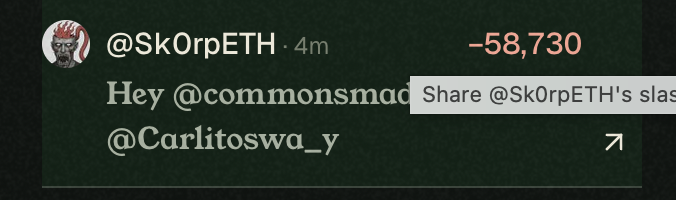 A screenshot of a post by @Sk0rpETH shows a **-58,730** loss while addressing **@commonsmo… @Carlitoswa_y**. It appears to reference another user’s UNC, matching the accompanying query about what **@cryptoleon’s UNC** did.