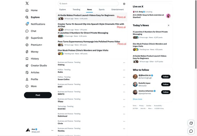 Screenshot of the X (formerly Twitter) Explore page showing trending topics, news articles about AI, X launches, and Elon Musk praising China's wonders, with a left sidebar menu and 'Who to follow' recommendations.