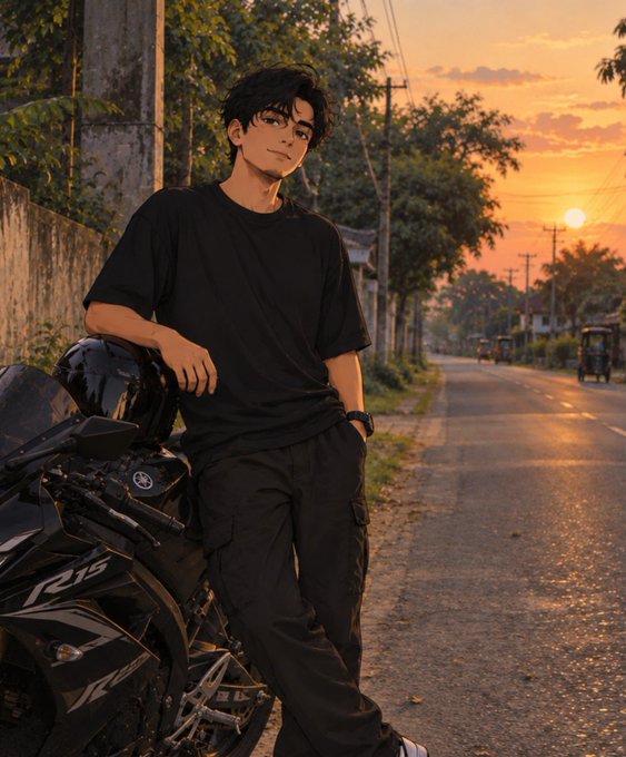 An anime-style illustration of a young man in black casual clothing leaning against a motorcycle on a road during a golden sunset.