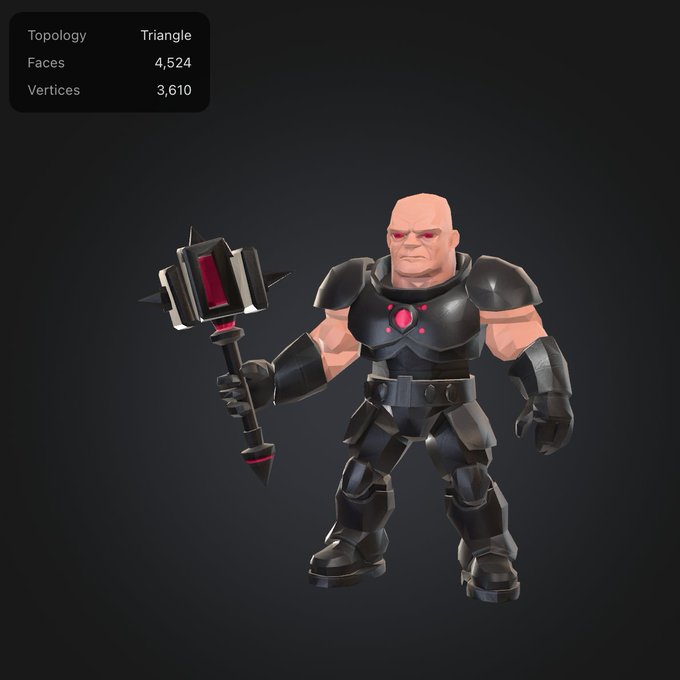 A 3D character model of a bald, muscular warrior in black and red armor wielding a spiked hammer, with a topology panel showing Triangle, 4,524 Faces, and 3,610 Vertices.