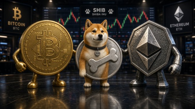 Anthropomorphic mascots for Bitcoin (BTC), Shiba Inu (SHIB), and Ethereum (ETH) stand side-by-side on a trading floor, flanked by screens displaying their logos and price charts.