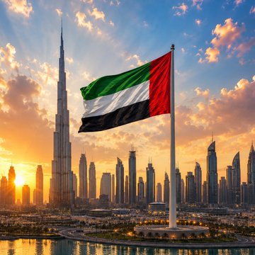 The image features a large flag flying high over a city skyline, with the Burj Khalifa tower visible in the background. The sun is setting, casting a warm glow over the scene. In the foreground of the photo, there are two posts that appear to be related to cryptocurrency adoption. These posts indicate that the government has recently allowed the use of Bitcoin and other cryptocurrencies for tax payments or mass adoption purposes.

The cityscape in the background includes numerous skyscrapers, indicating a bustling urban environment. The presence of the flag flying over the city suggests that this location might have an important historical or cultural significance. Overall, the image captures a moment where traditional and modern elements coexist within the same space, reflecting the dynamic nature of contemporary cities.