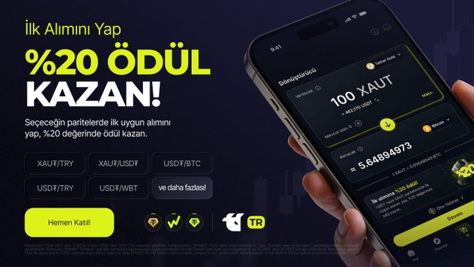 The image is a promotional advertisement for WhiteBIT TR featuring a dark-themed layout with a large yellow headline reading "İlk Alımını Yap %20 ÖDÜL KAZAN!" (Make Your First Purchase, Earn 20% Reward!), accompanied by a smartphone mockup displaying the trading app interface showing "100 XAUT ≈ 463.270 USDT" and an account balance of "≈ 5.64894973 BTC." The ad lists available trading pairs including XAUT/TRY, XAUT/USDT, USDT/BTC, USDT/TRY, and USDT/WBT, with a yellow "Hemen Katıl" (Join Now) button and a Turkish flag icon indicating the Turkish market focus, directly illustrating the post's message about earning a 20% reward on first crypto transactions.